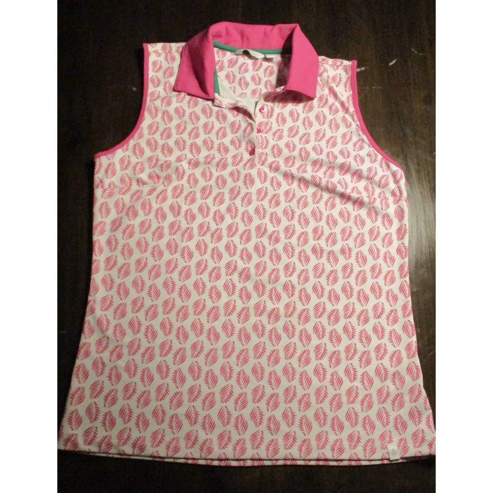 Lady Hagen Palm Leaf Sleeveless Polo Golf Shirt athletic shirt white pink Size S